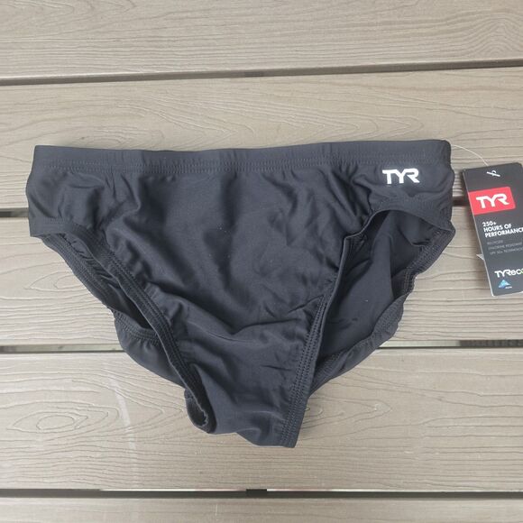 TYR Men's Solid Black Nylon Drawstring Racer Swimwear Briefs Size 30 NEW - Picture 1 of 3